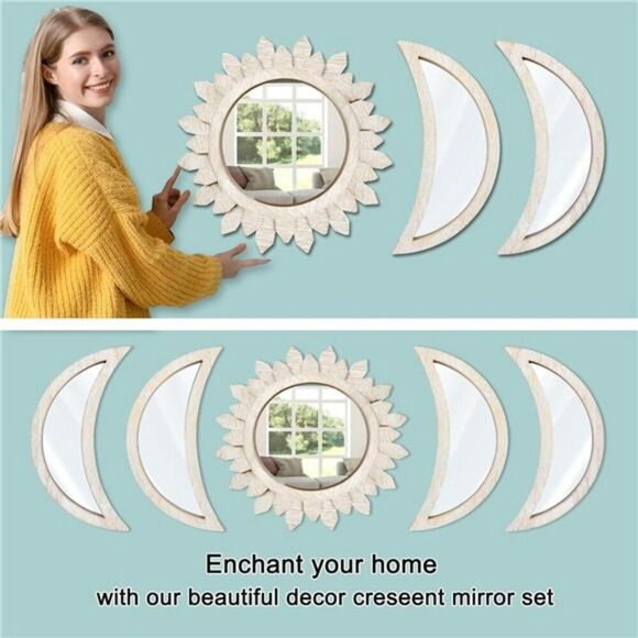 Moon Phase Mirror Wall Decor Set Boho Wood Acrylic Sunburst Bedroom Art 5PC - Picture 3 of 7